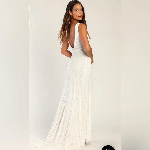 LULU'S M White Passionate Romance Beaded Sequin Mermaid Maxi Dress NEW #167 Sz M - Picture 3 of 9